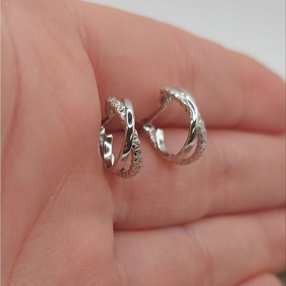 Platinum Plated Criss Cross 925 Sterling Silver Huggies Earrings - Picture 9 of 11
